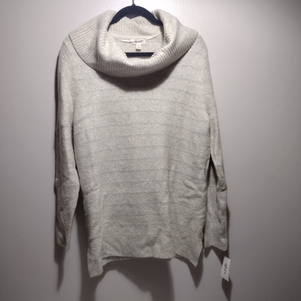 Style & Co Tan and Silver striped Cowl Neck Sweater